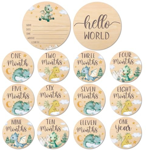 Huray Rayho Little Dragon Baby Monthly Milestone Cards Neutral Wooden Tags Newborn Photography Props Set of 13 Wood Discs from One Month to One Year Baby Growth Record