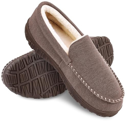 MIXIN Moccasins for Men House Slippers Indoor Outdoor Plush Mens Bedroom Shoes with Hard Sole Coffee Size 13