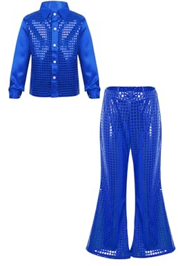 IEFIEL Traje de Baile Latino Jazz para Niños con Lentejuelas Brillante Camisa de Manga Larga y Pantalones Acampanado para Actuación Competición 7-14 Años