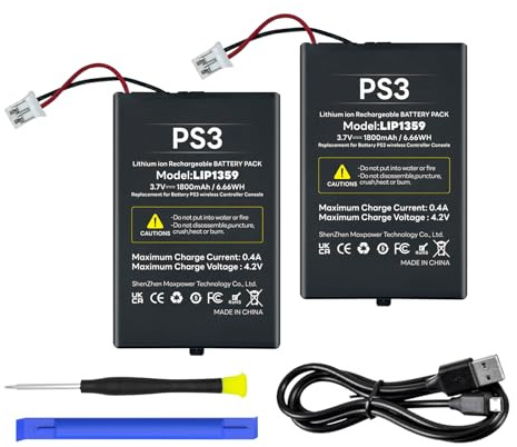 PS3 Controller Akku (2er Pack), 1800mAh LIP1359 Ersatzakku für Sony Playstation 3 PS3 Dualshock 3 CECHZC2E CECHZC2U Controller mit USB Kabel+Werkzeug