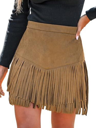 CUPSHE Women Fringe Skirts Western Cowgirl Terra Cotta High Waist Mini Skirt Suede Tassel Short Counrty Concert Camel XL