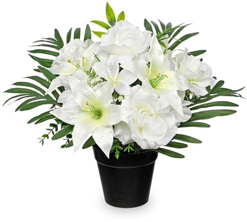 Hollyone Künstliche Friedhof Blumen für Grabschmuck, Kunstblumen im Topf für Grab, Weiße Künstlicher Rosen und Lilien Deko Blume Grabgesteck Gedenkstätte Seidenblumen