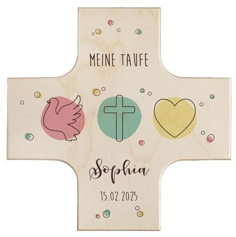 Striefchen® Personalisiertes Holzkreuz zur Taufe, Kommunion oder Konfirmation – Bedruckt mit Name & Datum – Verschiedene Motive – Individuelle Geschenkidee (Bunte Symbole, 14 cm x 14 cm x 1,7 cm)