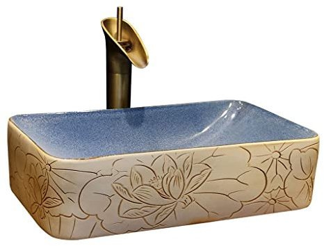 VNNHGB Badezimmerwaschbecken, Unterbauwaschbecken, Aufsatzwaschbecken, Lotusmuster, Kunst, Aufsatzwaschbecken, rechteckiges Keramikwaschbecken, Haushaltswaschbecken, Badezimmerwaschbecken