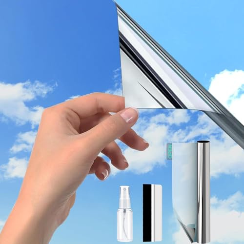 Lámina de espejo para ventana, color plata (90 x 200 cm), protección contra el calor, protección contra el calor, protección solar para interior o exterior, sin dejar residuos, lámina térmica de