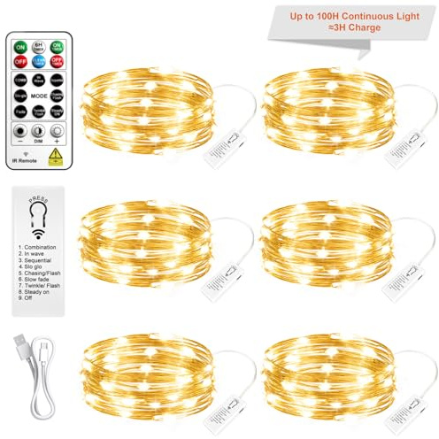 SINAMER 6 Pack Rechargeable Fairy Lights Battery Operated, 7ft 20LED | Remote & DIY Timer, Dimmable, Silver Wire, For Mason Jar, Indoor Christmas Bedroom Wedding Decor, Warm White