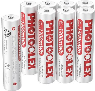 PHOTOOLEX Pilas Recargables AAA (Paquete de 8), 1300 mWh Pila de Litio AAA 1,5 V Alta Potencia de Salida, batería de Iones de Litio Triple A, se recargan hasta 1600 Veces (sin Cargador)