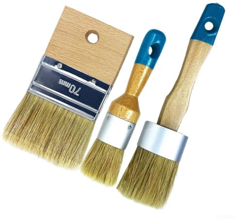 Juego de 3 pinceles con cerdas de cerdo y mangos ergonómicos de madera para una aplicación uniforme de pintura y cera en múltiples superficies