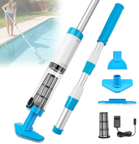 Aspirapolvere Piscina, 3 in 1 Aspiratore Piscina Ricaricabile con Aspirazione Potente, Aspirafango Piscina con Asta Telescopica da 103.5 a 162.5cm, Sensore Automatico, Testina a 3 Spazzole per Piscine