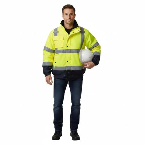 A2Z Mens Hi Vis Bomber Jacket Waterproof Reflective Coat | Padded Thermal Safety Jacket with Reflective Strips S-4XL