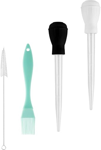 Hopzab Set per arrostire tacchino con 2 contagocce, 1 spazzola per ungere, 2 spazzole per la pulizia, lampadina in silicone resistente al calore, tubo in plastica per uso alimentare, per barbecue