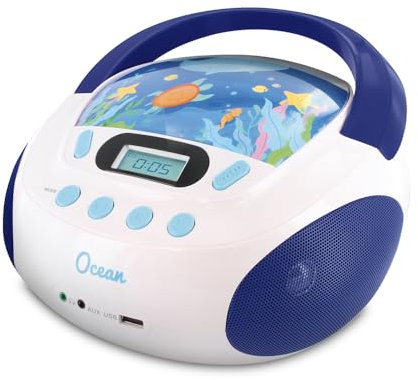 Metronic - Mooov 477170 - Reproductor de CD portátil, Lector CD portatil con Toma USB/SD para MP3 / AUX Jack 3,5mm, Toma Auricular, 6W Ocean, Blanco/Azul