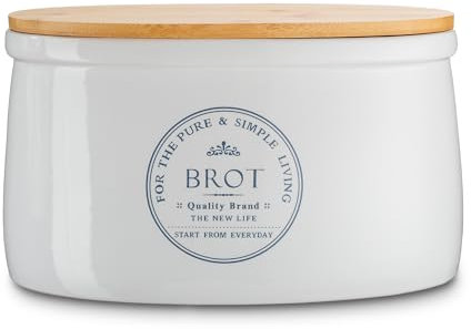 KHG Brotkasten Weiß Keramik Steingut Holzdeckel Bambus, Aufbewahrung Brot oval, Deckel als Schneidebrett, glänzend glasiert mit Emaille, Lüftungslöcher, Landhaus Vintage Stil, beschriftet