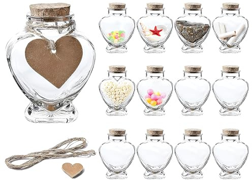 WHOLE HOUSEWARES Set of 12 Heart Shaped Glass Jars with Cork Lids Mini Bottles with String and Heart Labels - Small Spell Jars for Wedding Favors, Keepsakes, Potions and Valentine's Day Gifts