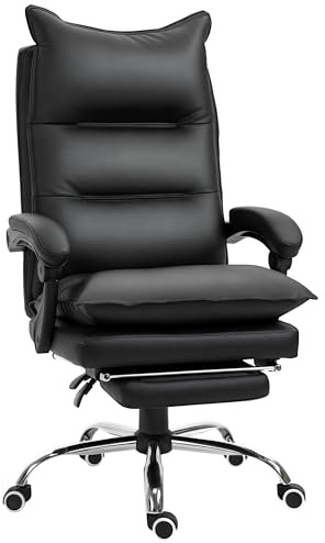Vinsetto Sedia Ufficio Ergonomica Reclinabile 155° con Poggiapiedi, Sedia Scrivania in Finta Pelle Facile da Pulire, Braccioli Imbottiti, Girevole e Altezza Regolabile, Nero