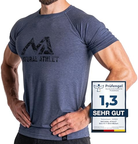 Natural Athlet Slim-Fit Fitness T-shirt för män - Lång Snabbtorkande Gym T-shirt - Bodybuilding, styrketräning och sport