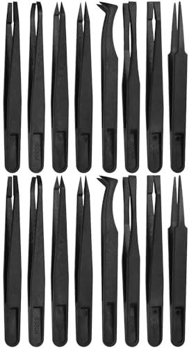 MMOBIEL Juego de 16 pinzas de precisión de plástico antiestático, pinzas con punta plana puntiaguda/puntas curvas, pinzas para electrónica, joyería, trabajos de laboratorio, color negro