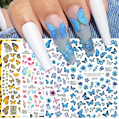 JMEOWIO Nagelsticker Frühling Schmetterling 8 Blätter Nagelaufkleber Selbstklebend Blau Schwarz Gold Schmetterling Nail Art Dekoration Nagel Design Zubehör