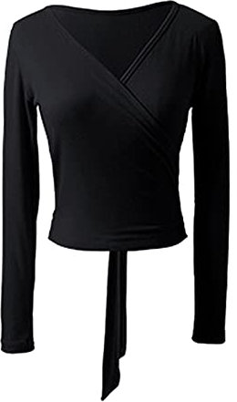 TSSOE Damen Ballettjacke Tanzjacke Bolero Langarm Tanzoberteil Wickeljacke Wickel Tops Ballett Tanz Yoga Gymnastik T-Shirt Tanzbekleidung Dancewear A Schwarz XL