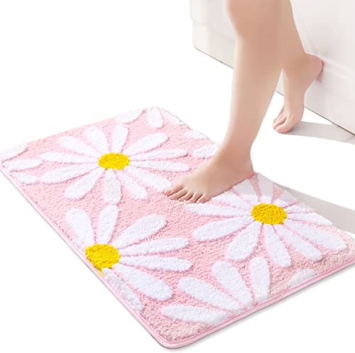 QJHOMO Pink Bath Mat White Flower Rug 40 x 60 cm, Non Slip Bath Mats for Bathroom, Soft Microfiber Bathroom Mat, Machine Washable Rug Durable Bathmat, Super Absorbent Floor Mat for Shower