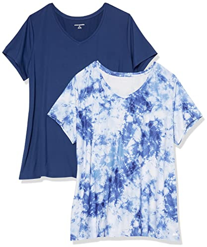 Amazon Essentials Women's Tech Stretch Short-Sleeve V-Neck T-Shirt - Discontinued Colours, Pack of 2, Navy/White Tie Dye, XL Plus