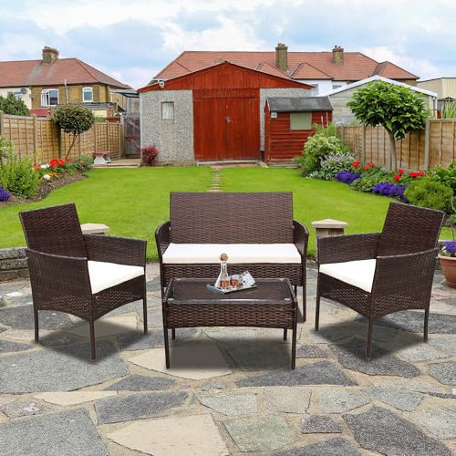 Jopassy Balkonmöbel-Set Gartenmöbel-Set 4 teilige -Balkonmöbel inkl. Sitzpolster und Tisch,Polyrattan Sitzgruppe Balkon mobel,Terrassenmöbel Outdoor,für Balkon -Braun