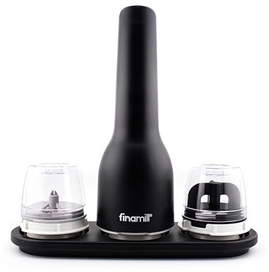FinaMill Juego de regalo de molinillo de pimienta recargable por USB y molinillo de especias | Incluye 2 cápsulas PRO Plus de cambio rápido, 1 cápsula Max y bandeja de trío negra | Elementos de