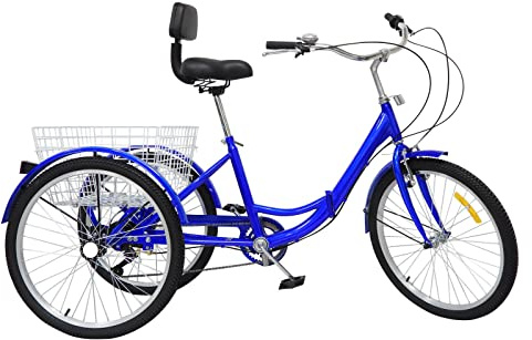 24 tum 7-växlad 3 hjul cykel trehjuling vuxen tricycle för vikbar trike korg rygg med inköpskorg seniorer tricyclemit vikbar manuell klocka äldre hopfällbar DHL (blå)