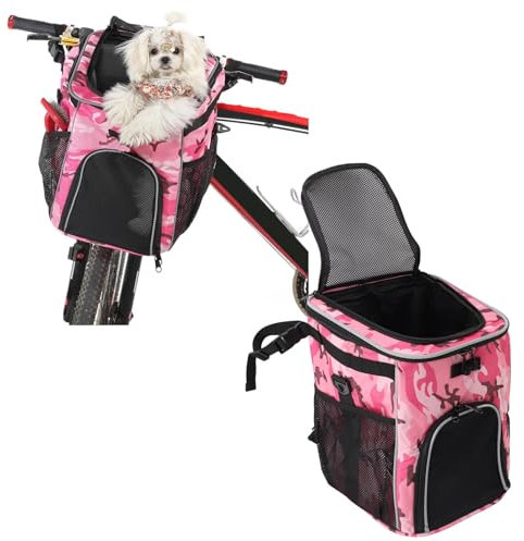 Hund Fahrrad Korb wasserdicht Haustier Carrier Rucksack abnehmbar Fahrrad Front Canvas Korb Haustier, Einkaufen, Picknick, Outdoor (Rosa Camo)