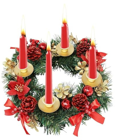 Ghirlanda 'Avvento di Natale | Portacandele 4 pezzi con corona di candele 'Avvento | Decorazione ghirlanda di palline di pigne di bacche rosse, decorazione di ghirlande da 11,81 pollici per la tavola