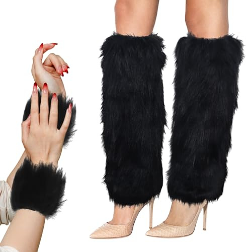 Oerphh Furry Leg Warmers with Fluffy Wrist Warmers Set, Black Faux Fur Boot Covers Accessory for Ladies, Fluffy Leg Warmers Fuzzy Wrist Cuffs for Winter Party Christmas Costume (Black, One Size)