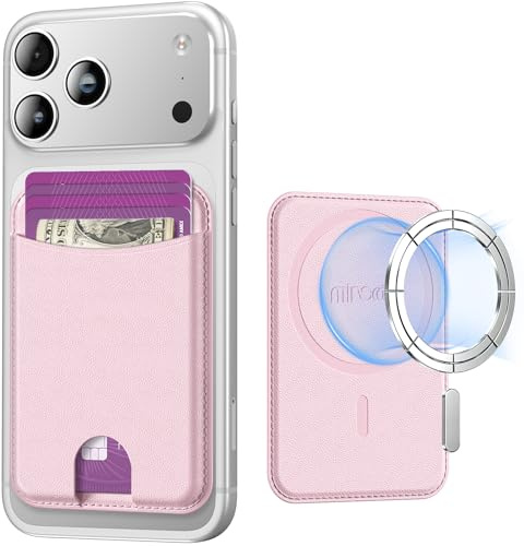 Miroddi for Magsafe Wallet, Magnetic Card Holder for iPhone 17/16/15/14/13/12 Series, Leather Magnet Phone Wallet Fit 4 Cards 3 Cash, Ultra-Thin, RFID Blocking, Light Pink