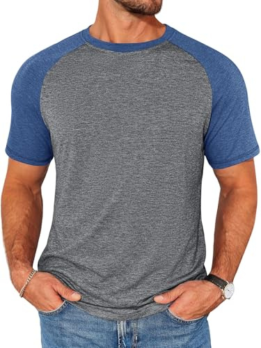 Runcati Mens Casual Slim Fit T Shirts Raglan Short Sleeve Crewneck Baseball Tees Color Block Workout Fashion Shirt Light Grey