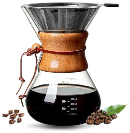 MIATTCLD Pour Over Kaffeebereiter, 800ml Borosilikatglas Kaffeekanne, Kaffeemaschine mit doppelschichtigem Edelstahlfilter für Zuhause, Café, Büro, Camping und Restaurant