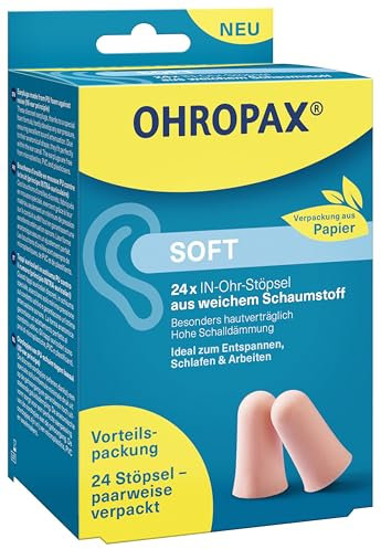 OHROPAX Soft Ohrstöpsel Vorteilspackung – IN-Ohr-Stöpsel aus weichem Schaumstoff – Schalldämmwert SNR 31 dB – zum Entspannen, Schlafen und Arbeiten – nachhaltige Verpackung aus Papier - 24 Stück