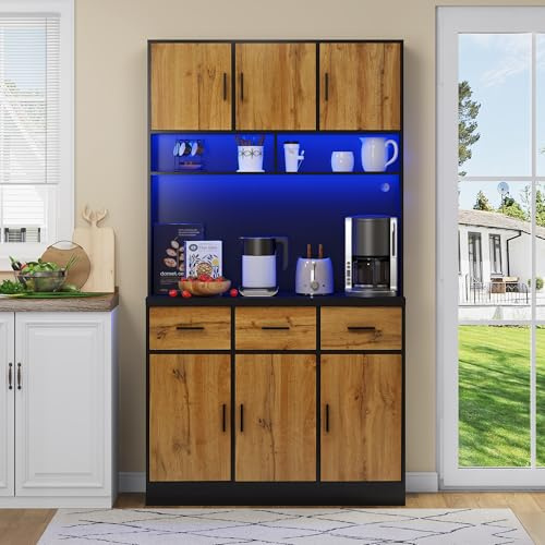 KUAKE - Piano superiore cucina, armadio a buffet multifunzione con illuminazione a LED con 3 cassetti, ripiani regolabili in MDF, armadio contenitore (colore nero e naturale)