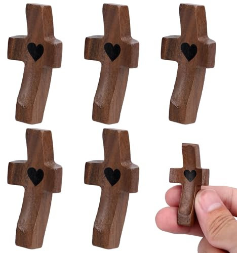 Tinoaly 5pcs Mini Cross My Heart Wooden Fidget Crosses, Small Tiny Wood Cross for Pocket Prayers Calmning Clinging Religious Gifts for Adults Kids Easter & Daily Encouragement