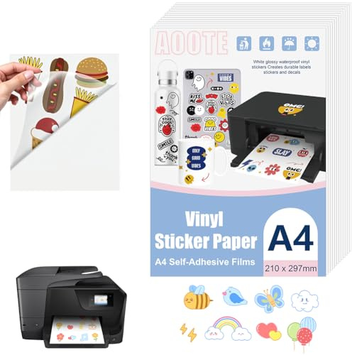 AOOTE Papiers Transparent Autocollants A4,12 Feuilles Papier Autocollant Imprimante, Vinyle Imprimable Papier Autocollant Étanche pour Imprimante à Jet d'Encre