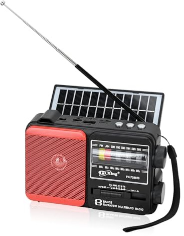 Portable FM AM SW Radio with Bluetooth, Solar Panel & Torch Light, USB/TF MP3 Player, Rechargeable Battery - Digital Battery Operated Radio for Home and Outdoors (Solar BT, Red)