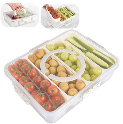 EMCHI Snackle Box Container,Divided Serving Tray with Lid,4 Compartment Travel Snack Container,Fruit Veggie Tray with Lid for Fridge Fresh Keeping,Multipurpose Storage Box for Picnic,Party,Travel
