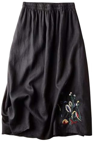 Gonna lunga floreale ricamata in cotone e lino, da donna, estiva, linea ad A, gonna midi snella, versatile