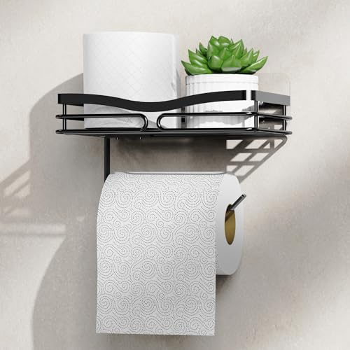 ZUNTO Portarrollos Papel Higienico con Estante - Adhesivo o Perforación, Portarrollos Baño con el Teléfono Móvil Estante de Almacenamiento, Negro
