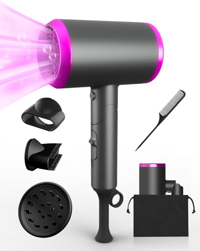Trongle Secador de Pelo Plegable 1800W, Secador de Viaje Compacto con Iones, 3 Velocidades y Aire Frío, Doble Protección contra el Sobrecalentamiento, con Boquillas, Peine y Bolsa de Viaje, Hair Dryer