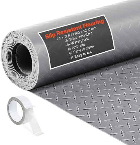 VEVOR Tapis Sol Garage 2,28 x 5,2 m Rouleau Revêtement Sol Garage en PVC Antidérapant Épaisseur à Motif 2,2 mm avec Ruban Adhésif Double Face pour Ateliers Entrepôts Salles de Sport, Gris Argenté