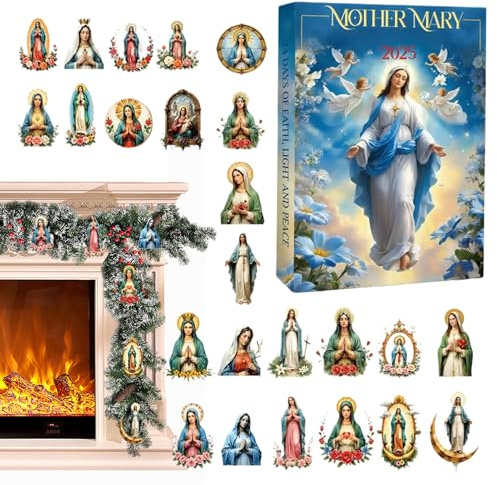 Mother Mary adventskalender 2025, 24 mini 2D platta ornament, 24-dagars adventskalender med kalender för julnedräkning och present till troende.