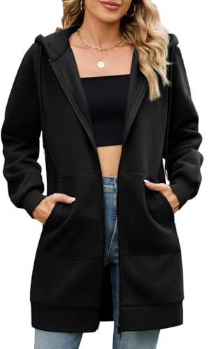 Yuson Girl Sweat à Capuche Femme Longue Sweatshirt Zippé Polaire Veste en Coton Décontracté Sport Manches Longues Sweat-Shirt Mi Saison Coupe-Vent Gilet Long Oversize avec Poches(Noir, XL)
