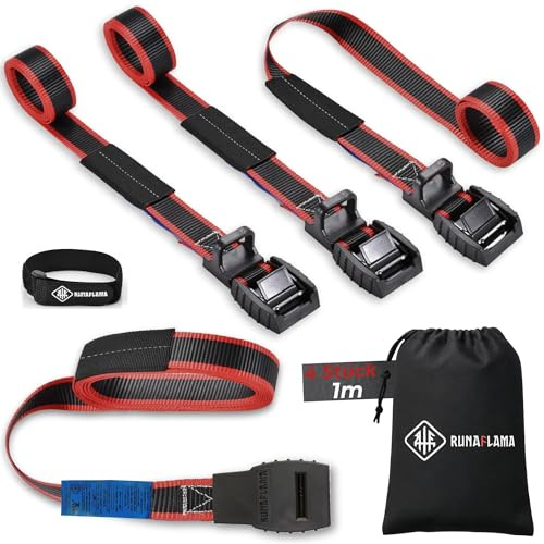 RUNAFLAMA - Cinchas de Amarre Pequeñas con Protección de Goma - Eslingas de Amarre para Remolque Moto - Trinchas de Sujeción a Portabicicletas - Resistencia Rotura 500 kgf por Cinta - 4 Correas de 1m