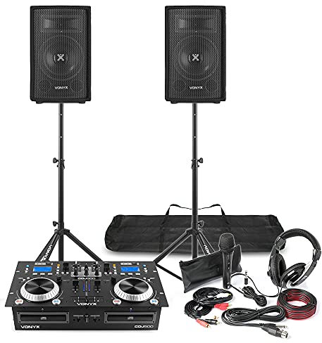 Complete DJ Starter Package – Dual CD Mixer Amp, 2x 8” Passive PA Speakers, Speaker Stands, 6m Cables, Microphone & Headphones Kit – Home & Bedroom DJ Setup, Premium DJ Equipment Bundle