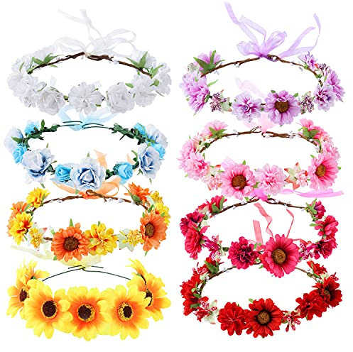 Cinaci Handgefertigte verstellbare Sonnenblumen-Gänseblümchen-Blumenkranz-Stirnbänder, Kronen-Girlande, Hochzeit, Party, Kopfschmuck für Damen, Braut, Brautjungfern, Mädchen, Teenager, 8 Stück