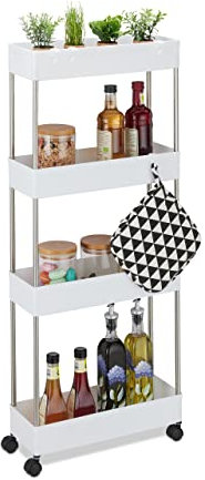 Relaxdays Nischenwagen, Kunststoff, HBT 98 x 15,5 x 40,5 cm, schmales Nischenregal Bad, Küche, 4 Haken & Fächer, weiß